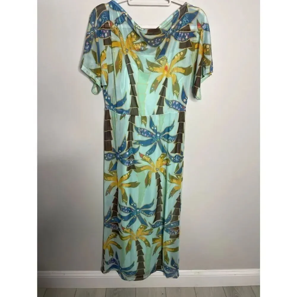 Never Fully Dressed Tilly off asymmetric mesh maxi dress in blue palm print New